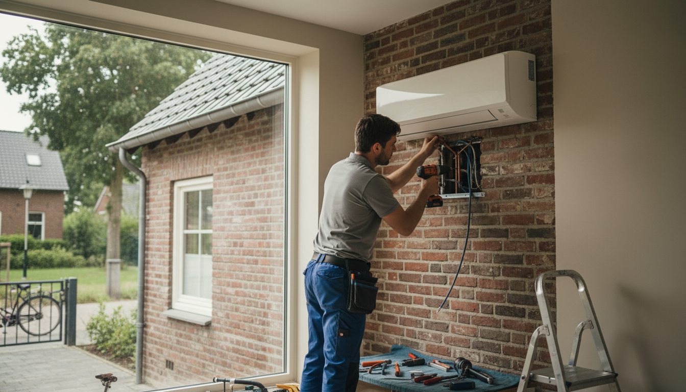Airconditioning installatie bij bakstenen woning in Vlaanderen