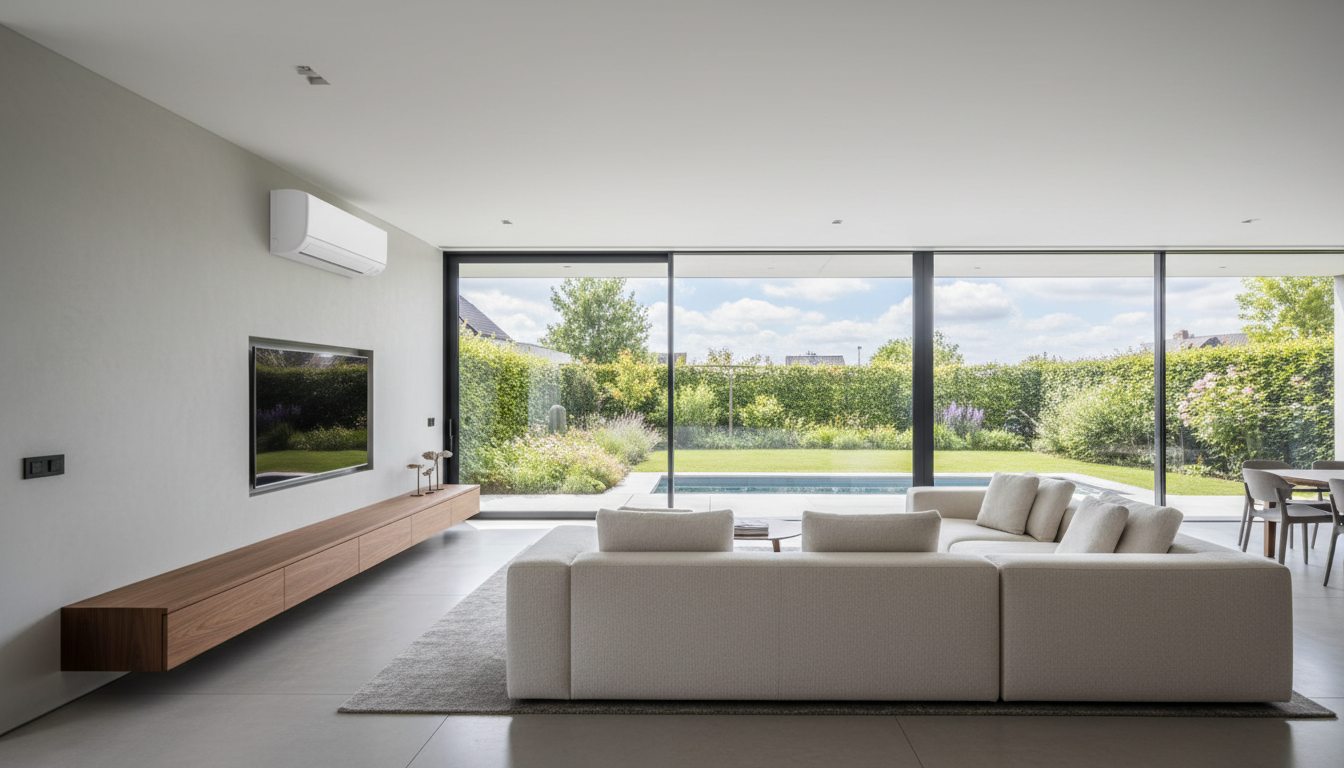 Airconditioning installatie bij bakstenen woning in Vlaanderen